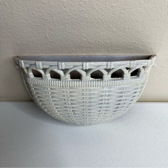 Vintage 70s Syroco Homco Faux Rattan Wall Pocket Planter Basket Cream Resin USA - Picture 3 of 12
